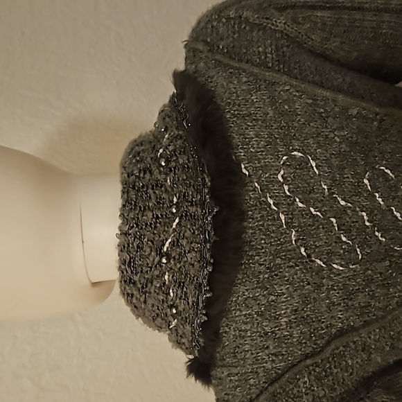 VTG FORLA PARIS 1990s Wool Fur Trim Rosette Longline Sweater Cardigan - Picture 11 of 14